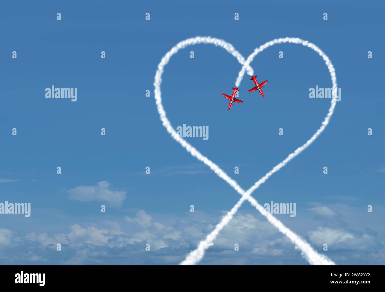 Verbindung der Liebe als Symbol für Vertrauen und Vereinigung zu einem gemeinsamen Ziel für eine Beziehung zu akrobatischen Düsenflugzeugen als Flugschau Stockfoto