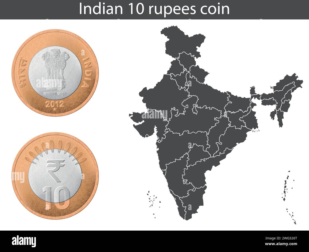 10 Rupie-Münze von Indien, Rückseite und Vorderseite mit Indien-Karte. Stock Vektor