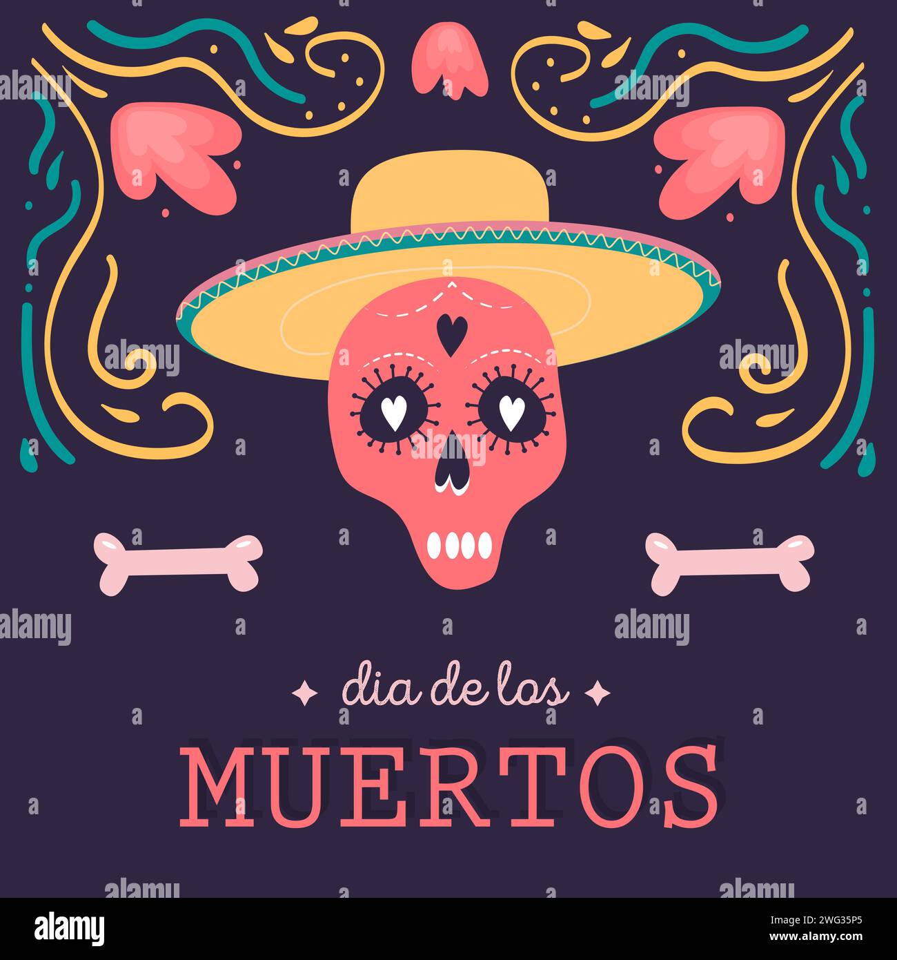 Dekorative quadratische Karte mit Calavera Catrina Schädel mit Sombrero. Mexikanischer Nationalfeiertag der Toten. Festliche Vorlage für Dia de los muertos de Stock Vektor