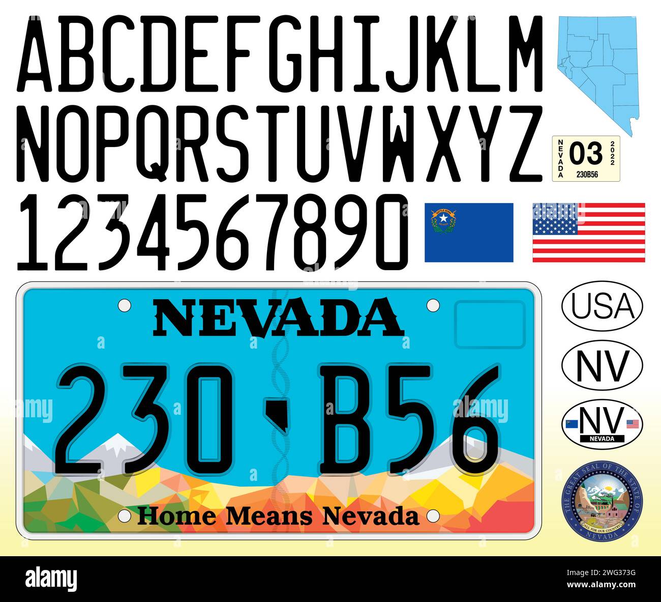 Nevada Autokennzeichen Muster, Buchstaben, Zahlen und Symbole, Vektorillustration, USA Stock Vektor