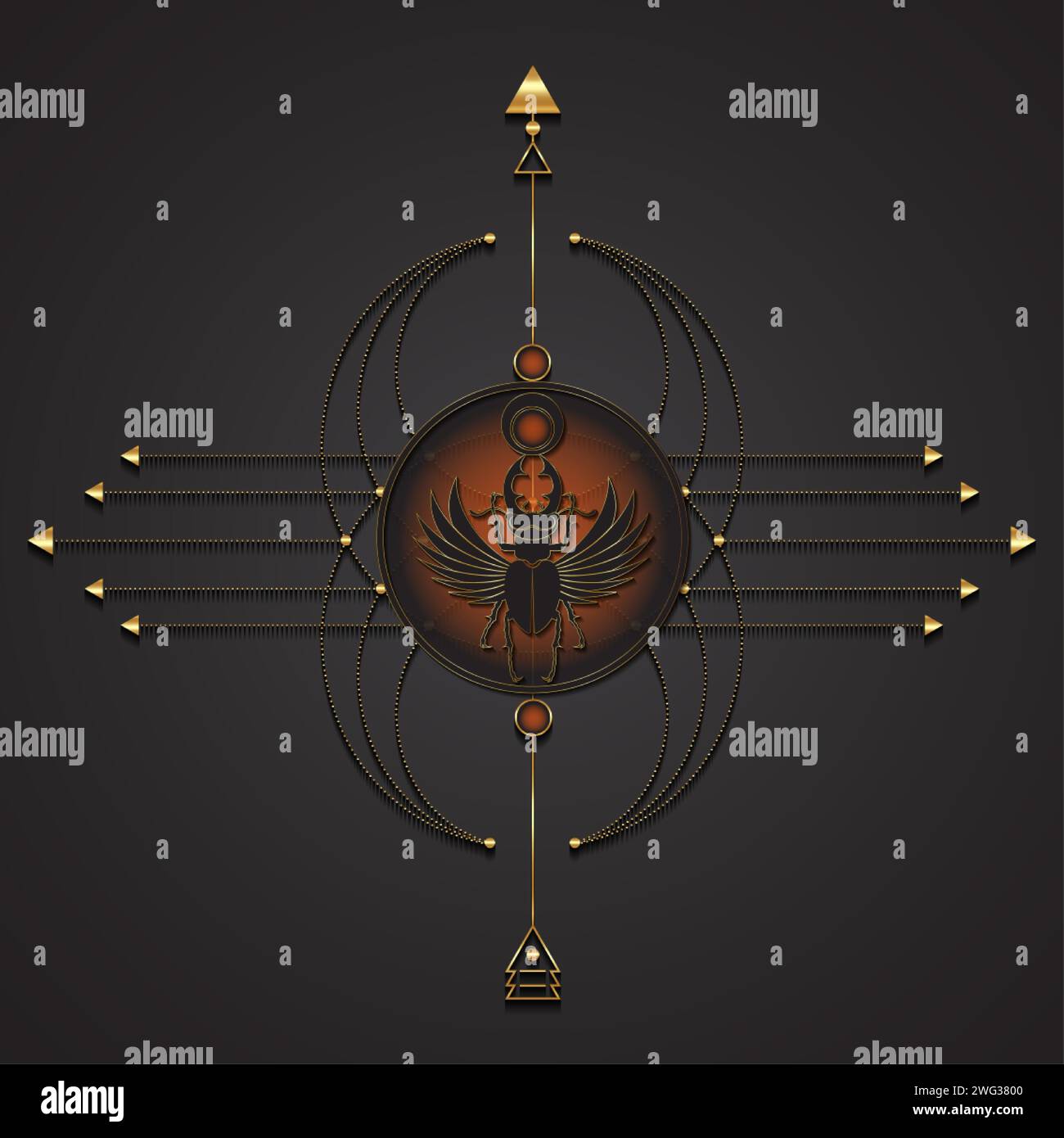 Ägyptischer heiliger Scarab Hirschkäfer Hörner mit Flügeln. Goldene heilige Geometrie, mistysches Vektorinsekt isoliert auf schwarzem Hintergrund. Symbol Stock Vektor