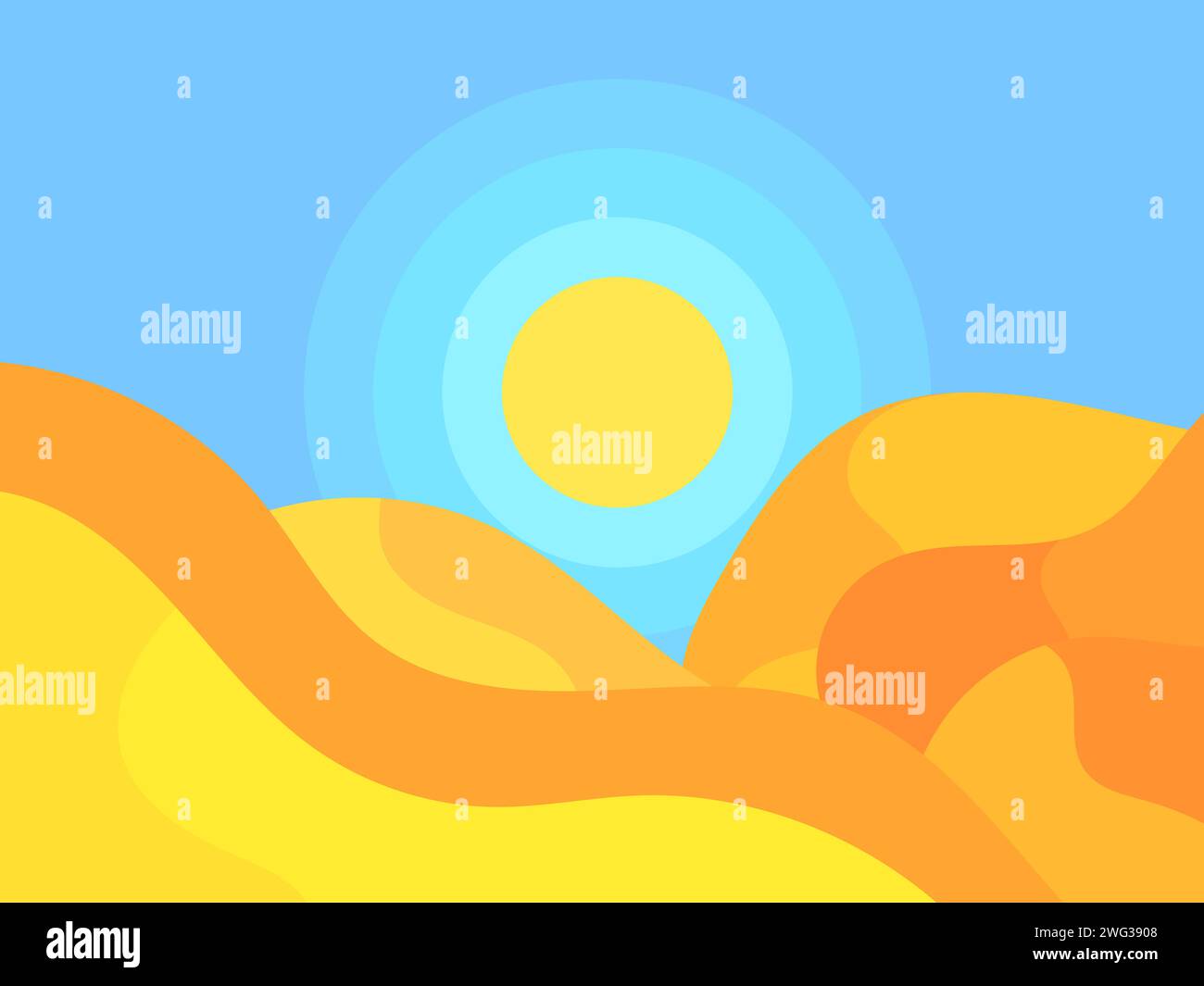 Wüstenlandschaft mit Dünen und Sonne in minimalistischem Stil. Wellige Wüstenlandschaft mit Sonne. Design zum Drucken von Bannern, Postern, Bucheinbänden. Vektor i Stock Vektor