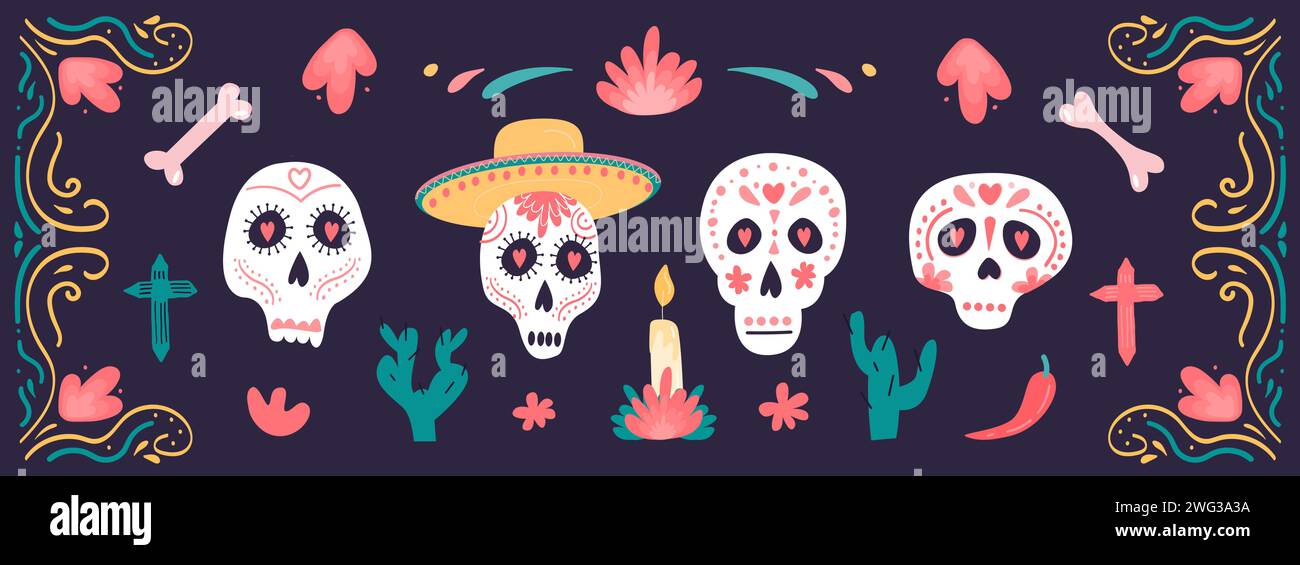 Vektorsatz von Mexiko-Elementen und -Symbolen in flachem handgezeichnetem Stil isoliert auf dunklem Hintergrund. Dia de los muertos. Horizontales Banner mit Zuckerschädel Stock Vektor