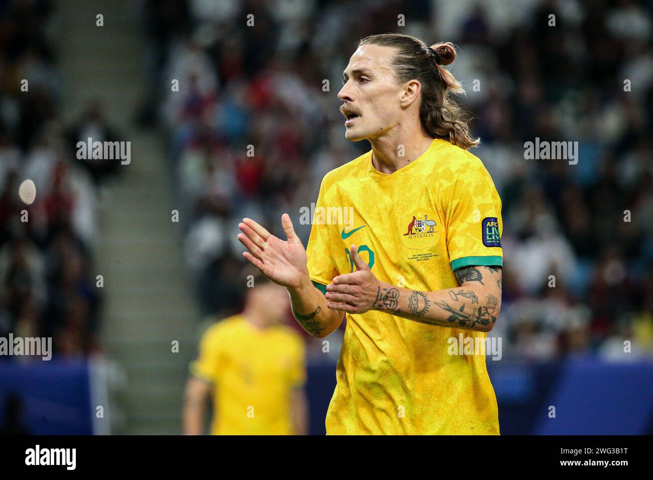 Doha, Katar, 2. Februar 2024, AFC Asian Cup Katar 2023 Quater Final: Australien 1-2 Südkorea, Son Heung-min, Hwang Hee-chan retten den Tag, um Korea ins Halbfinale zu bringen. Bild: Jackson Irvine. Stockfoto