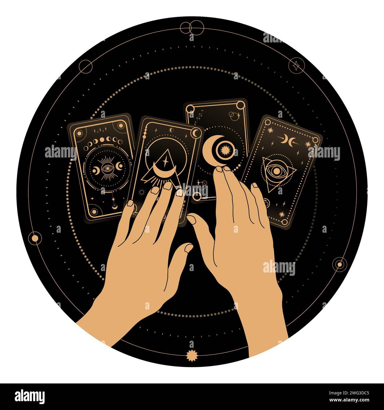 Wahrsagung mit Tarot-Symbolik. Frauenhände und Tarotkarten. Rätsel, Astrologie, Esoterik Stock Vektor