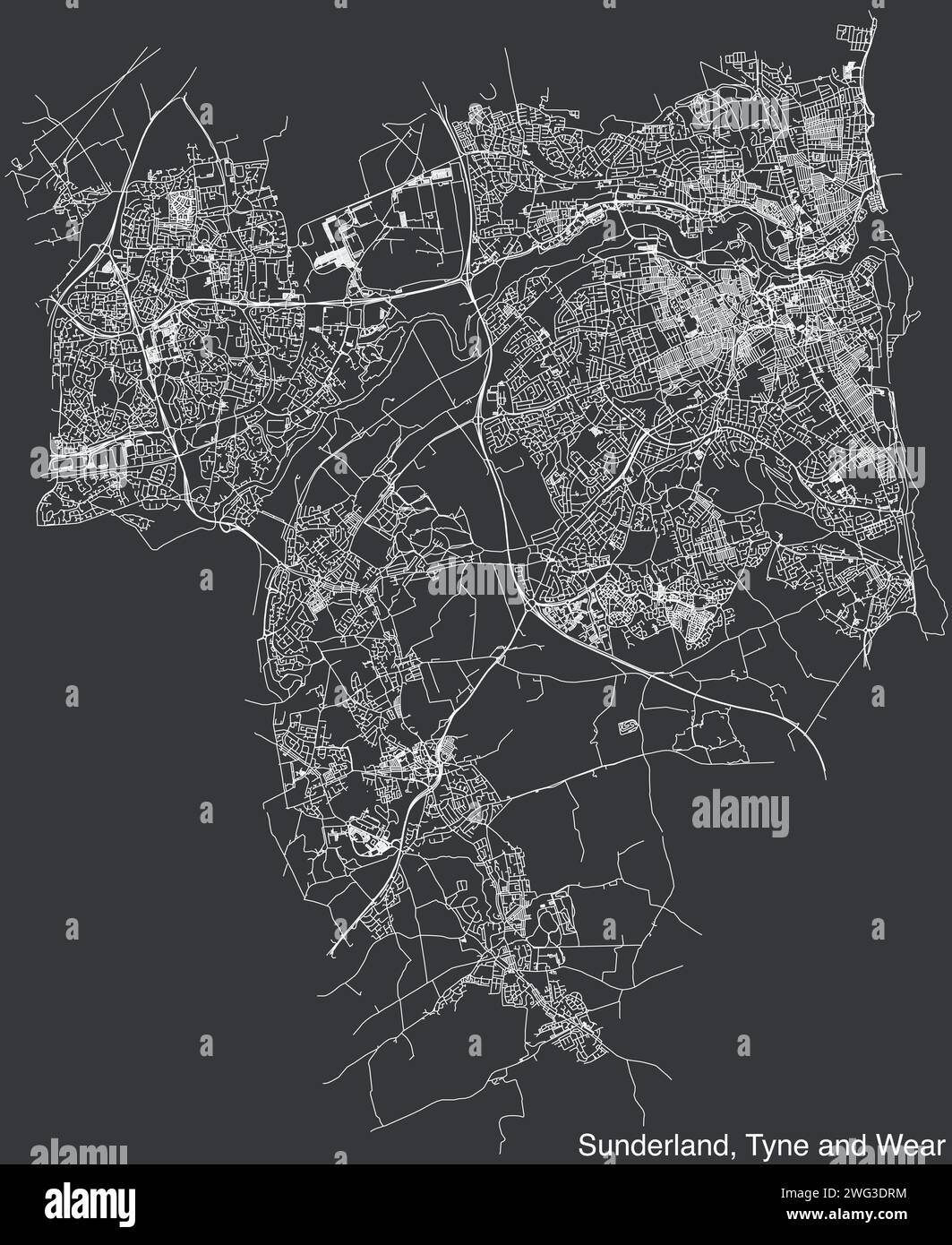 Straßenkarte des STADTTEILS UND DER STADT SUNDERLAND, TYNE UND WEAR Stock Vektor