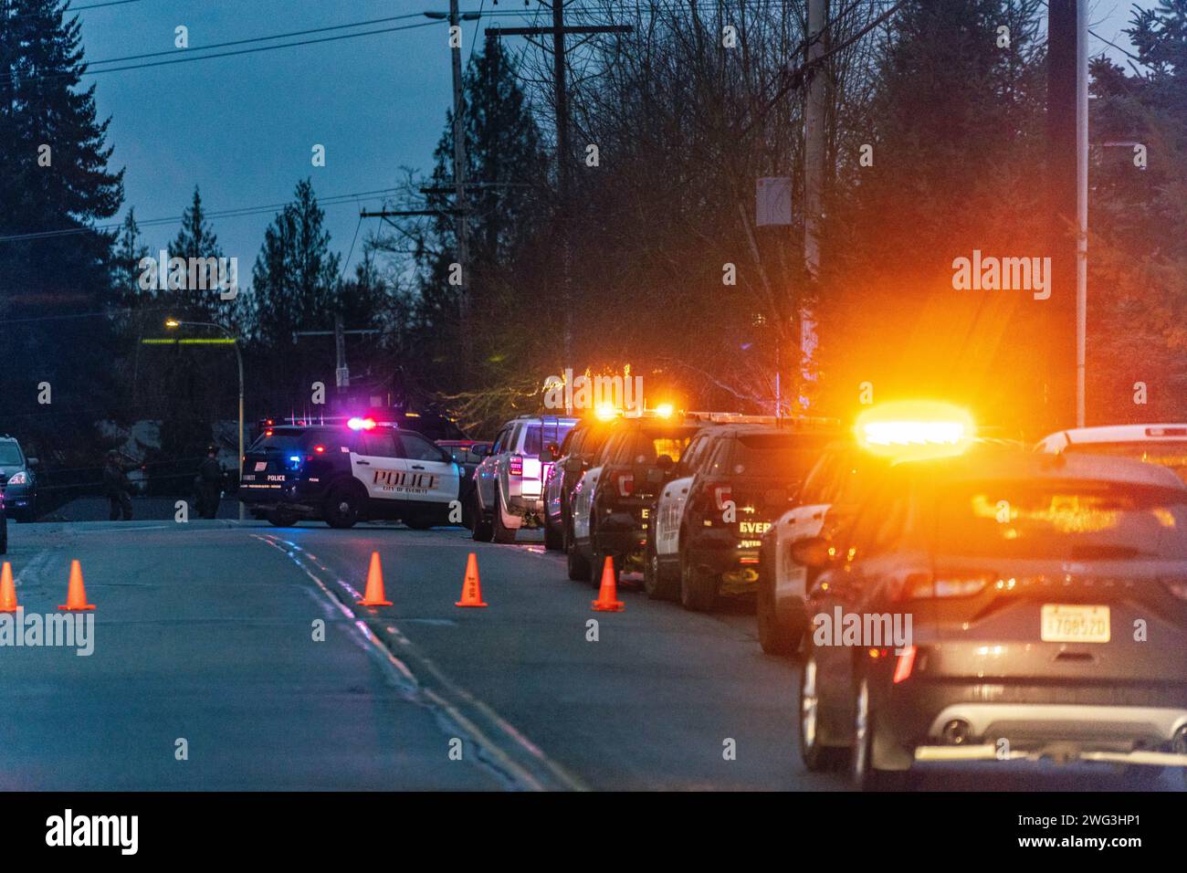 Everett, Usa. Januar 31, 2024. Das SWAT-Team wird an einem Ort in Everett stationiert, der sich im 11100er Block des Paine Field Way befindet. Ein Mann wurde am Mittwochabend nach einer intensiven 11-stündigen Unterbrechung mit dem Everett Police Department (EPD) festgenommen. Der Vorfall ereignete sich gegen 12:32 Uhr, nachdem die Behörden einen Bericht über eine illegale Entladung von Schusswaffen aus einem Wohnhaus im Block 11100 des Paine Field Way erhalten hatten. (Foto: Chin Hei Leung/SOPA Images/SIPA USA) Credit: SIPA USA/Alamy Live News Stockfoto