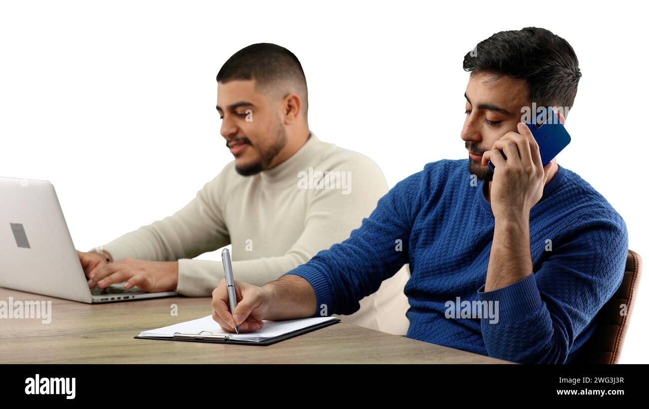 Männer, Nahaufnahme, auf weißem Hintergrund, arbeiten Stockfoto
