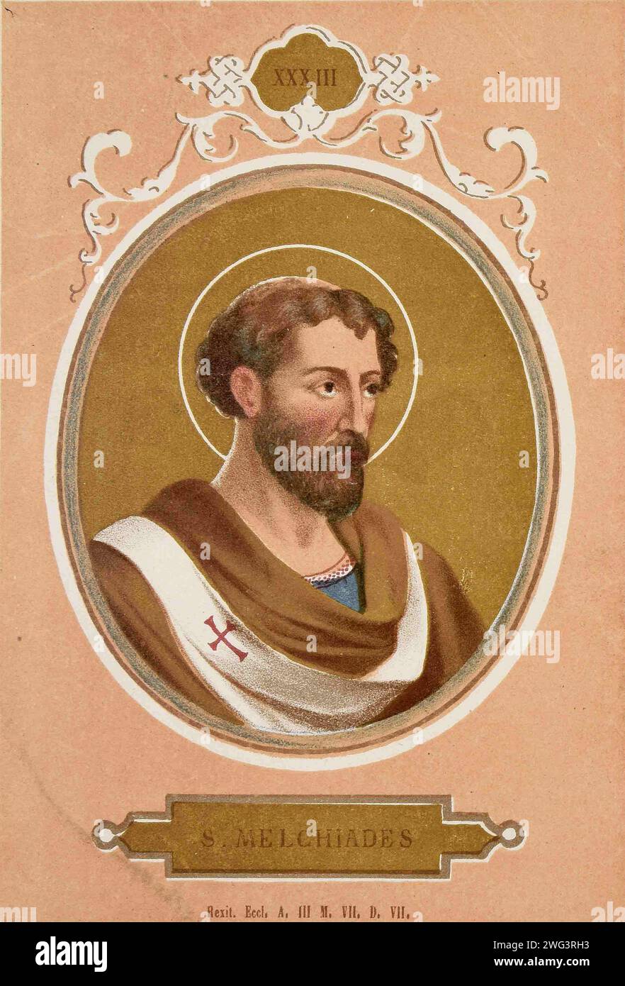 Ein Kupferstich von Papst Miltiades aus dem Jahr 1879, der von 311 bis 314 Jahre alt war. Er war der 32. Papst. Stockfoto