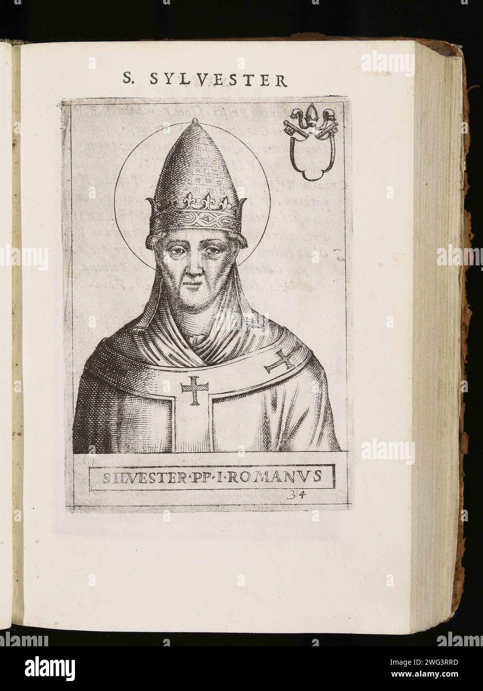 Ein Gravur von Papst Sylvester I. aus dem Jahr 1580, der von 314 bis 335 päpstlich war. Er war der 33. Papst. Stockfoto