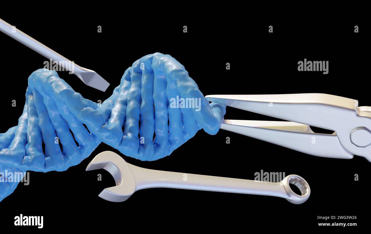 3D-Rendering eines Schraubenschlüssels, einer Zange und eines Schraubendrehers vor einer blauen DNA-Helix. Stockfoto