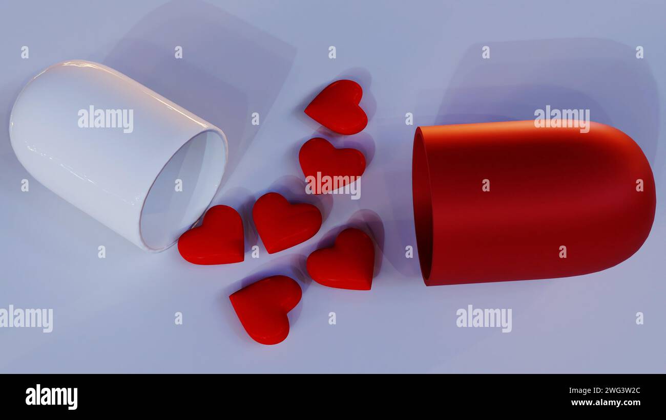 3D-Darstellung roter Herzformen in der Arzneimittelkapsel Stockfoto