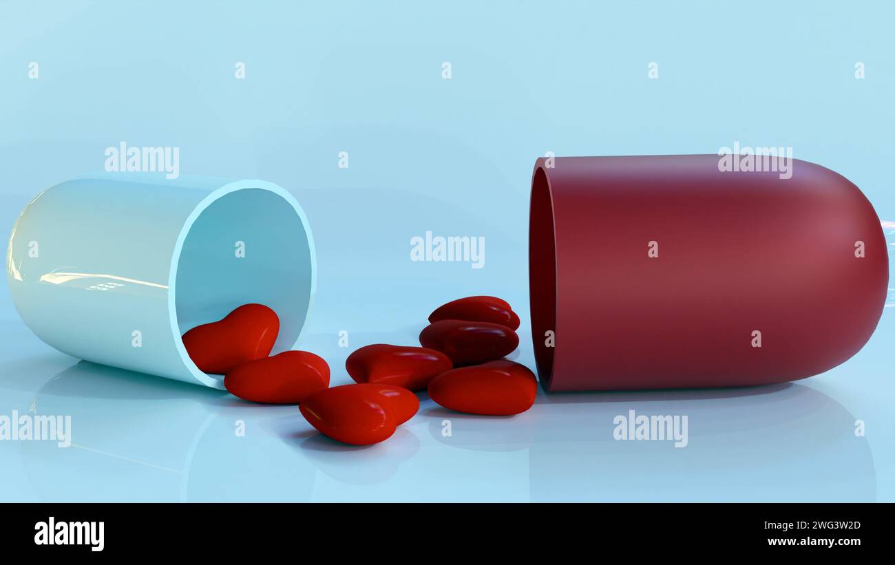 3D-Darstellung roter Herzformen in der Arzneimittelkapsel Stockfoto