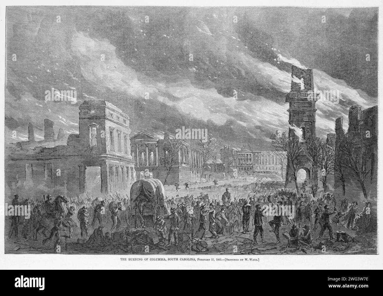 Eine Zeichnung, die die Verbrennung von Columbia, South Carolina, 1865 von William Waud während des Amerikanischen Bürgerkriegs zeigt. Stockfoto