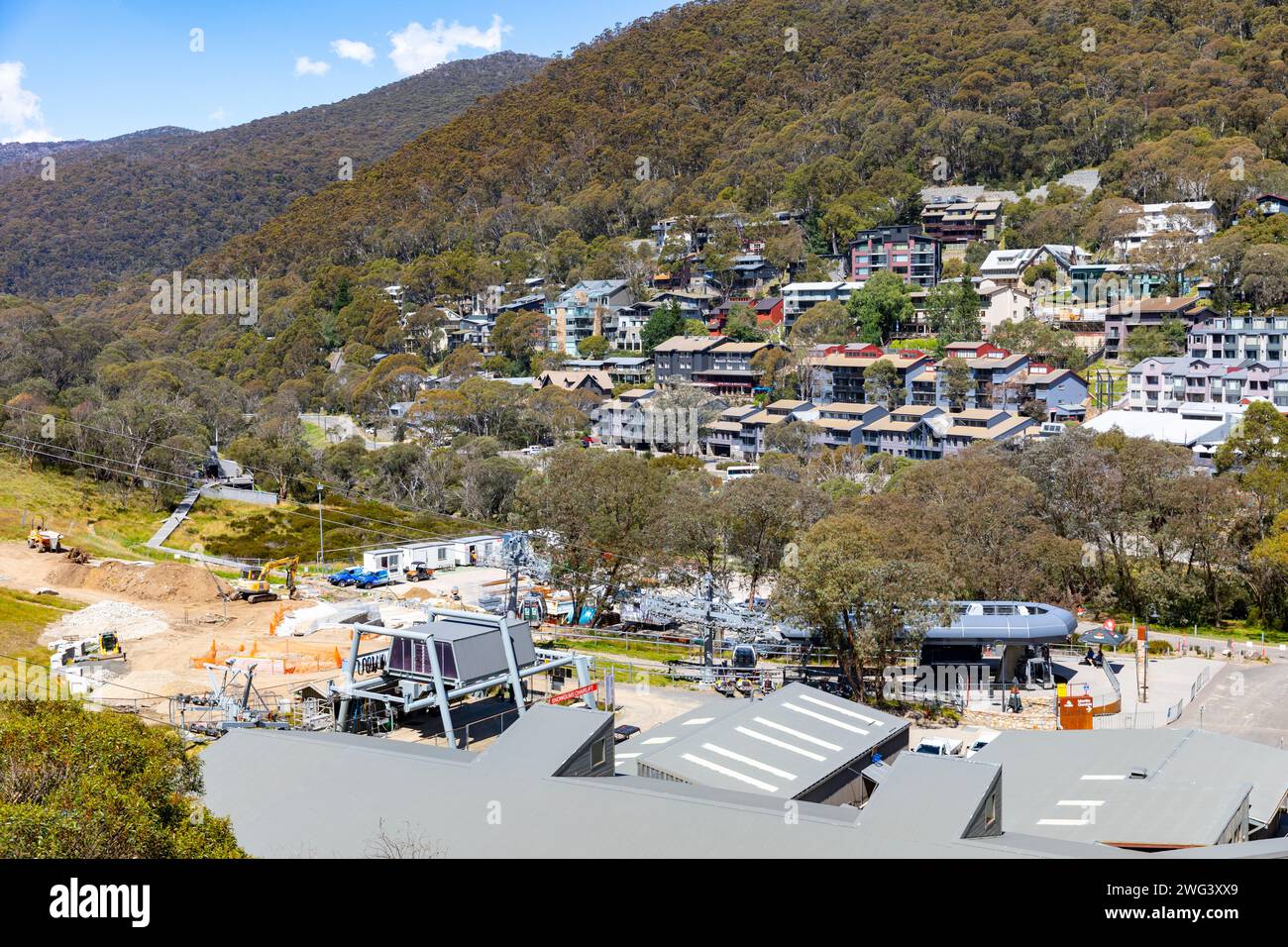 Thredbo Skigebiet Dorf in den Snowy Mountains von Australien, Blick vom Ski-Sessellift im Sommer 2024, New South Wales, Australien Stockfoto