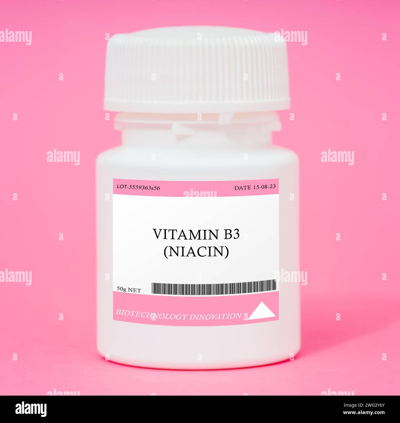 Behälter mit Vitamin B3-Niacin Stockfoto