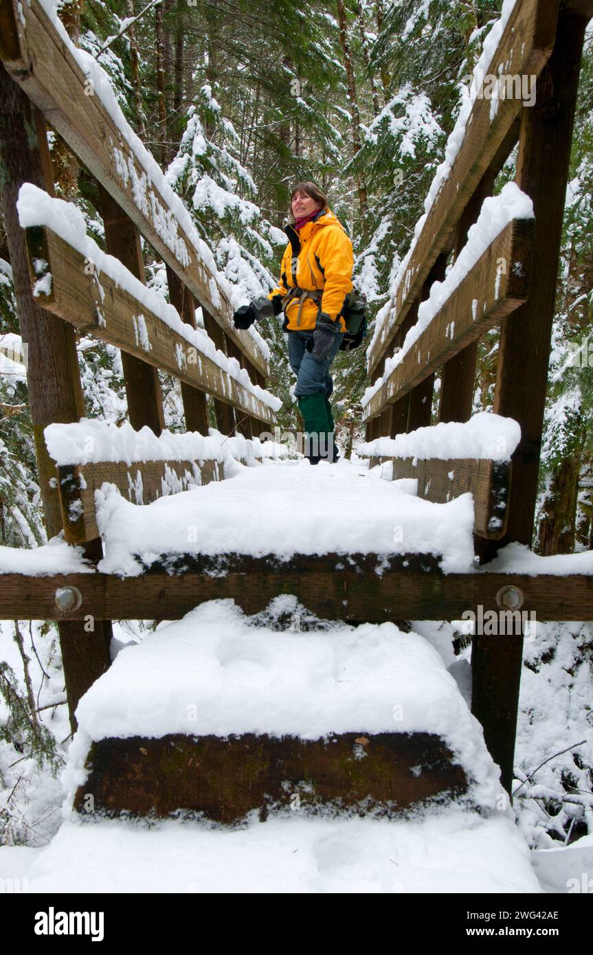 Riverside National Recreation Trail Wanderbrücke im Winter, Clackamas Wild and Scenic River, Mt Hood National Forest, Oregon Stockfoto