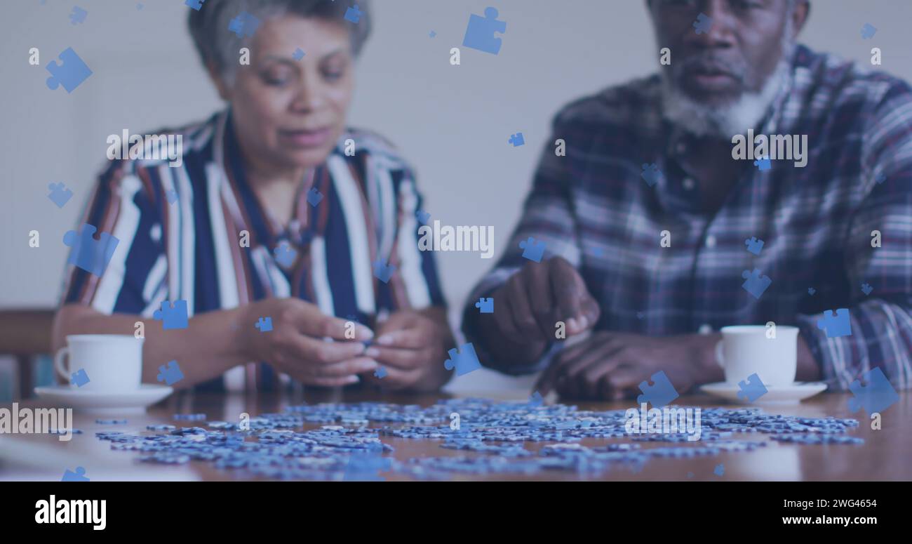 Das Bild eines Puzzles über das afroamerikanerpaar, das spricht Stockfoto
