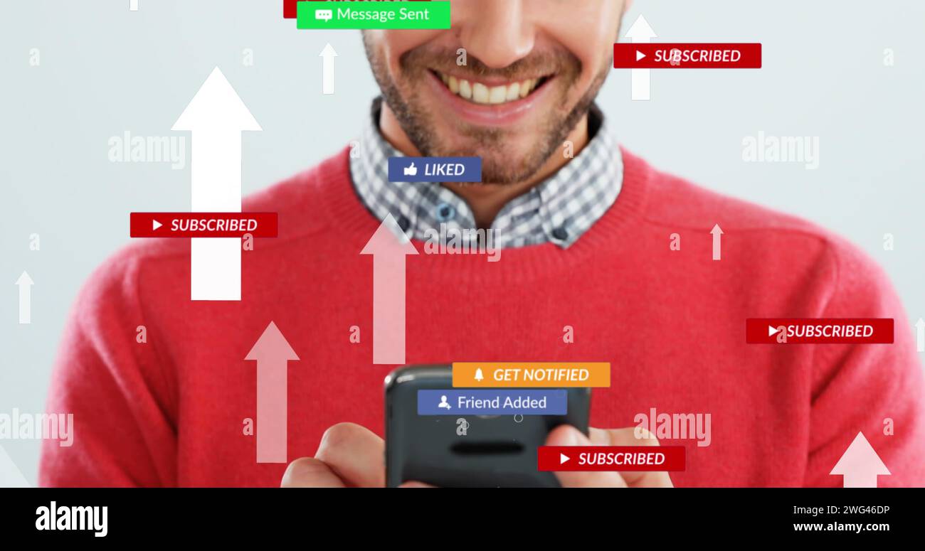 Social-Media-Symbole und Pfeile bewegen sich nach oben gegen die Mitte des Mannes, der das Smartphone verwendet Stockfoto