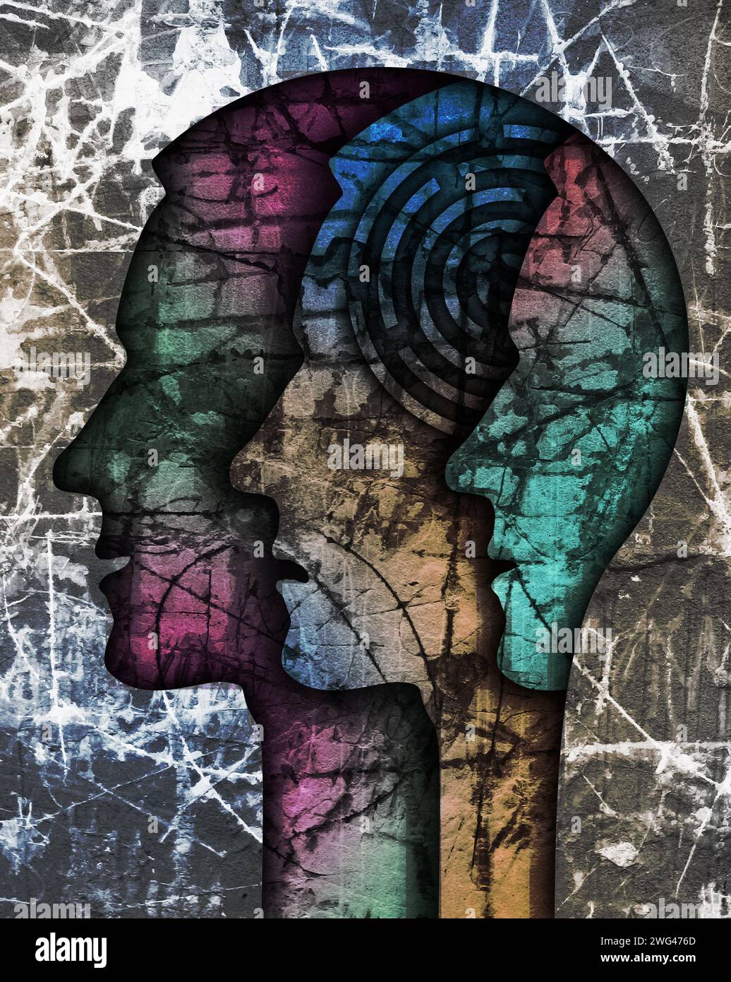 Schizophrenie männlichen Kopf Silhouette. Illustration mit drei stilisierten männlichen Köpfen auf Grunge-Textur, die die Schizophrenie-Depression symbolisiert. Stockfoto