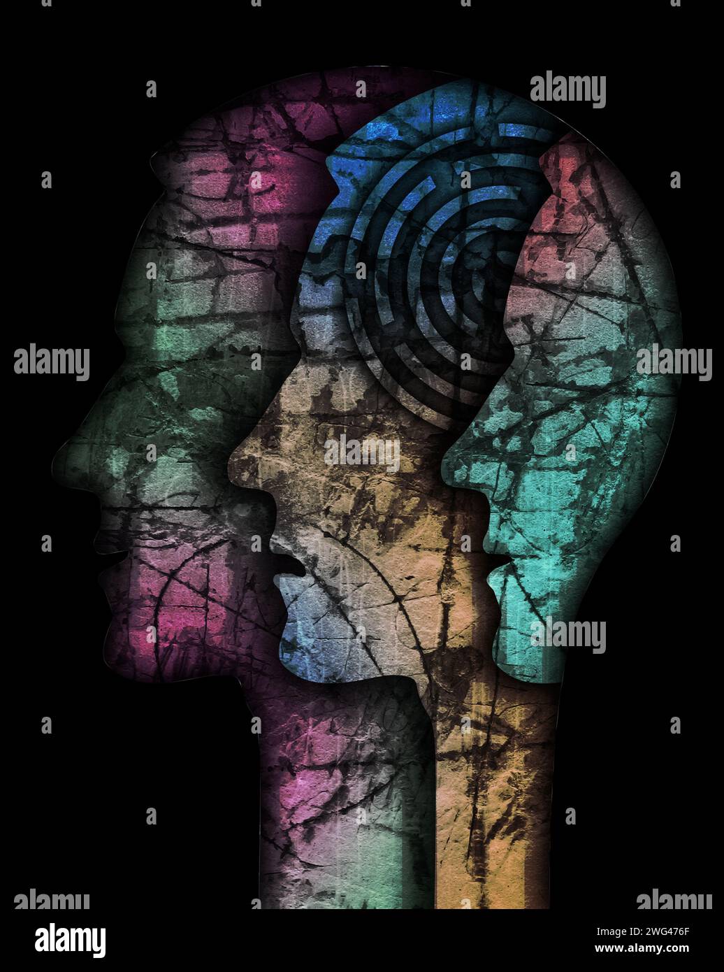 Schizophrenie männlichen Kopf Silhouette. Illustration mit drei stilisierten männlichen Köpfen auf Grunge-Textur, die die Schizophrenie-Depression symbolisiert. Stockfoto