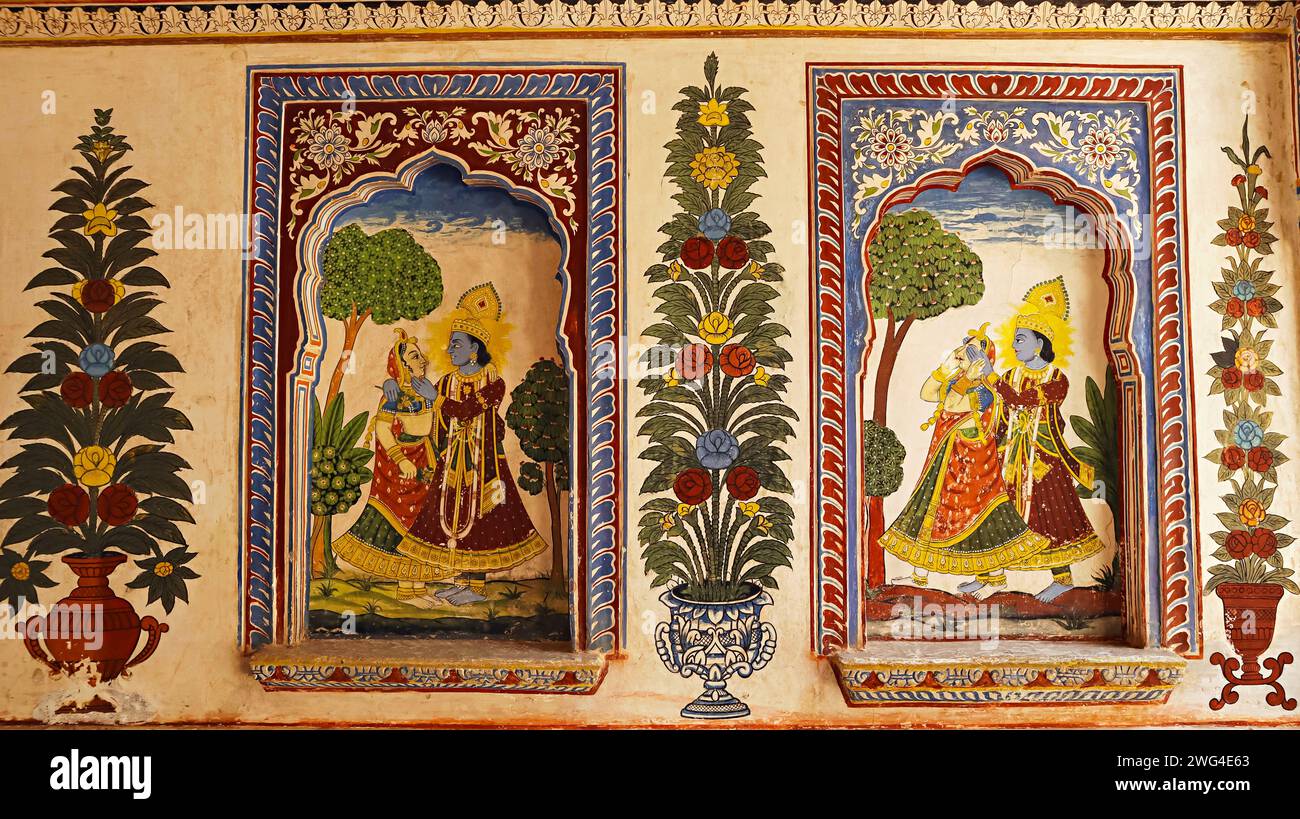 Gemälde von Lord Krishna und Radha im Dr. Ramnath Podar Haveli Museum, Nawalgarh, Rajasthan, Indien. Stockfoto