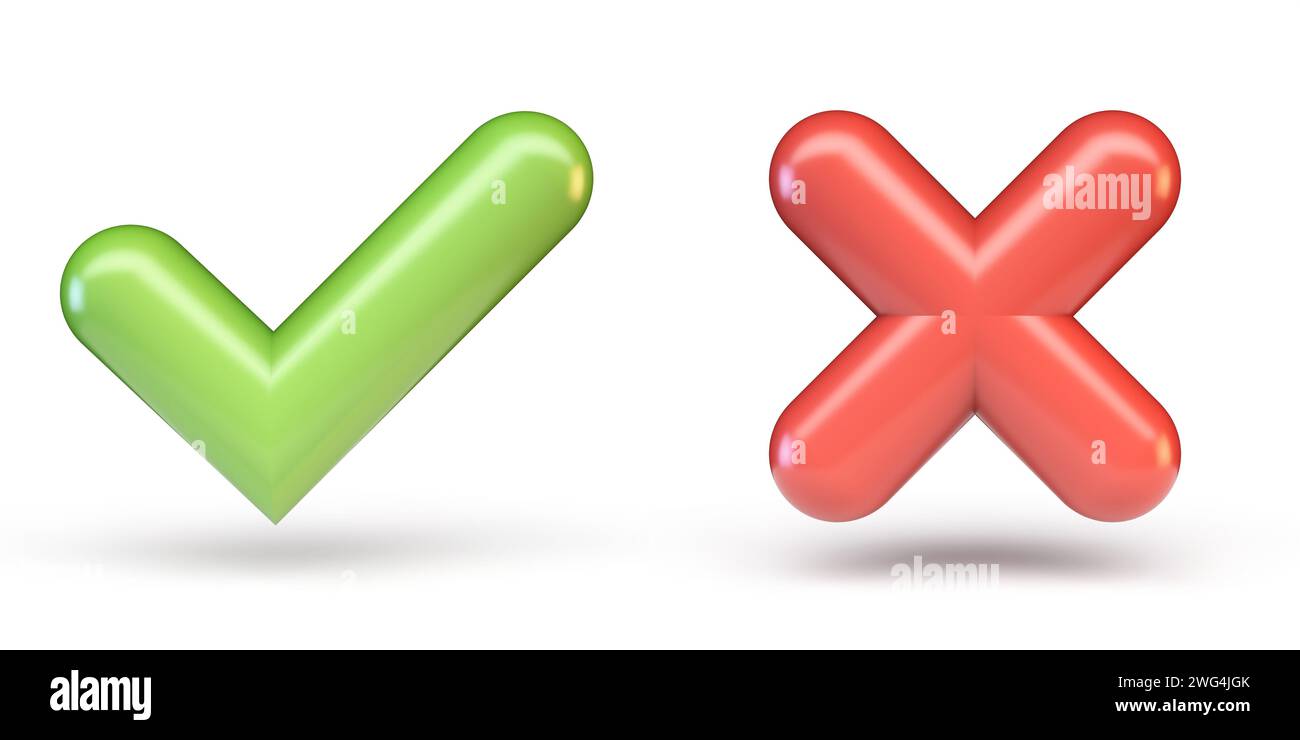Grünes korrektes und rotes falsches Zeichen 3D-Rendering-Illustration isoliert auf weißem Hintergrund Stockfoto