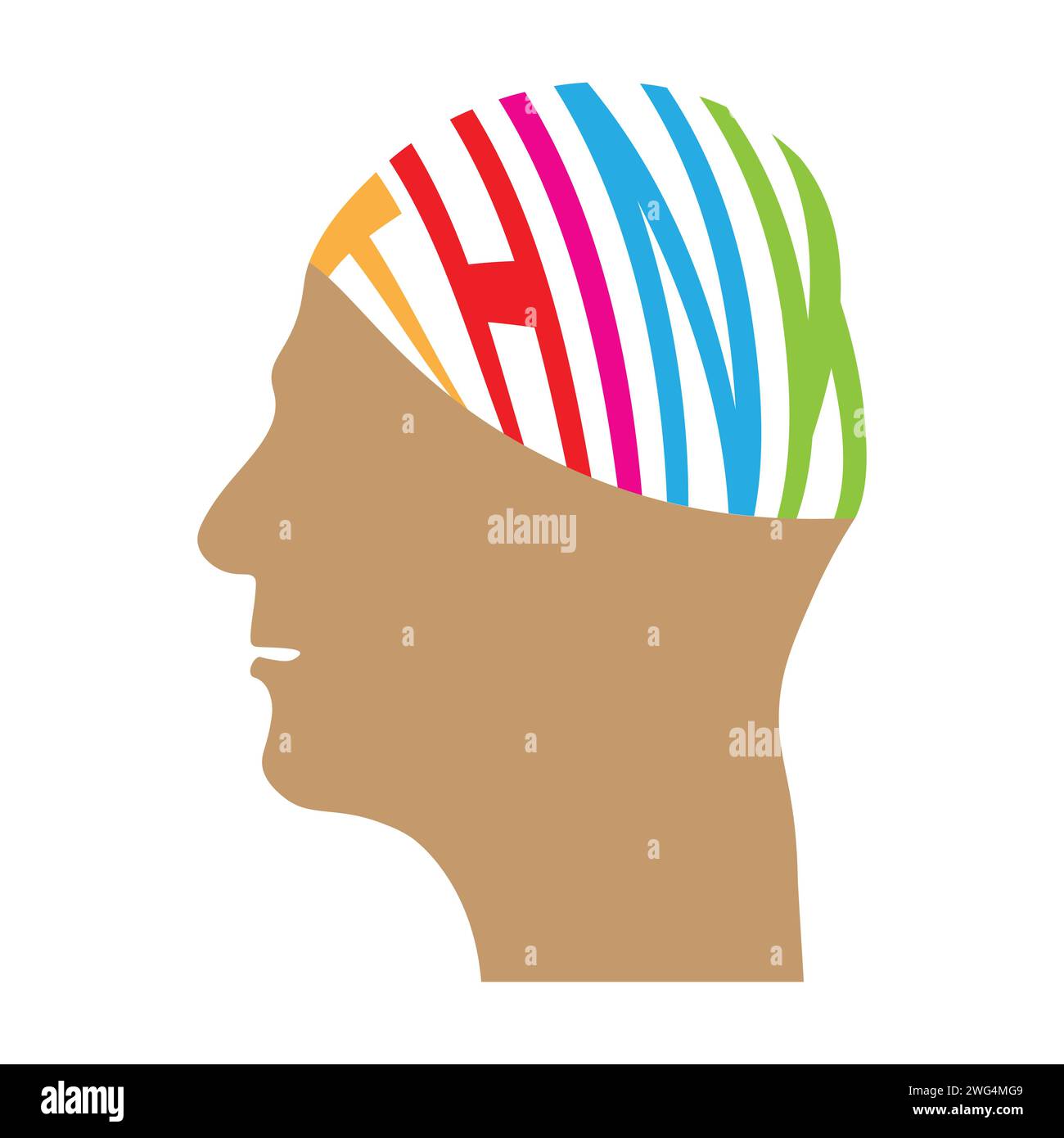 Menschlicher Kopf mit bunten Think Text im Gehirn, Denkprozess, konzeptuelle Vektorillustration Stock Vektor