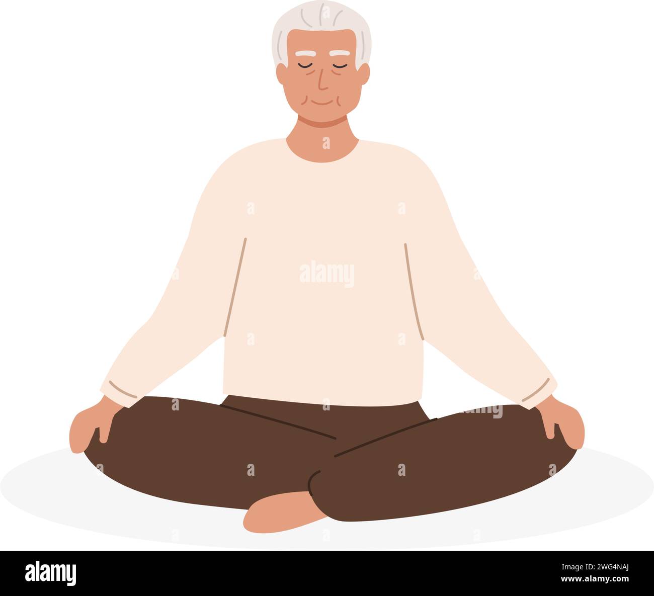 Moderner älterer Mann sitzend mit überkreuzten Beinen geschlossene Augen meditierend. Senior männlicher Mensch, der Yoga praktiziert. Meditation, Freizeitübungen, Freizeitaktivitäten Stock Vektor