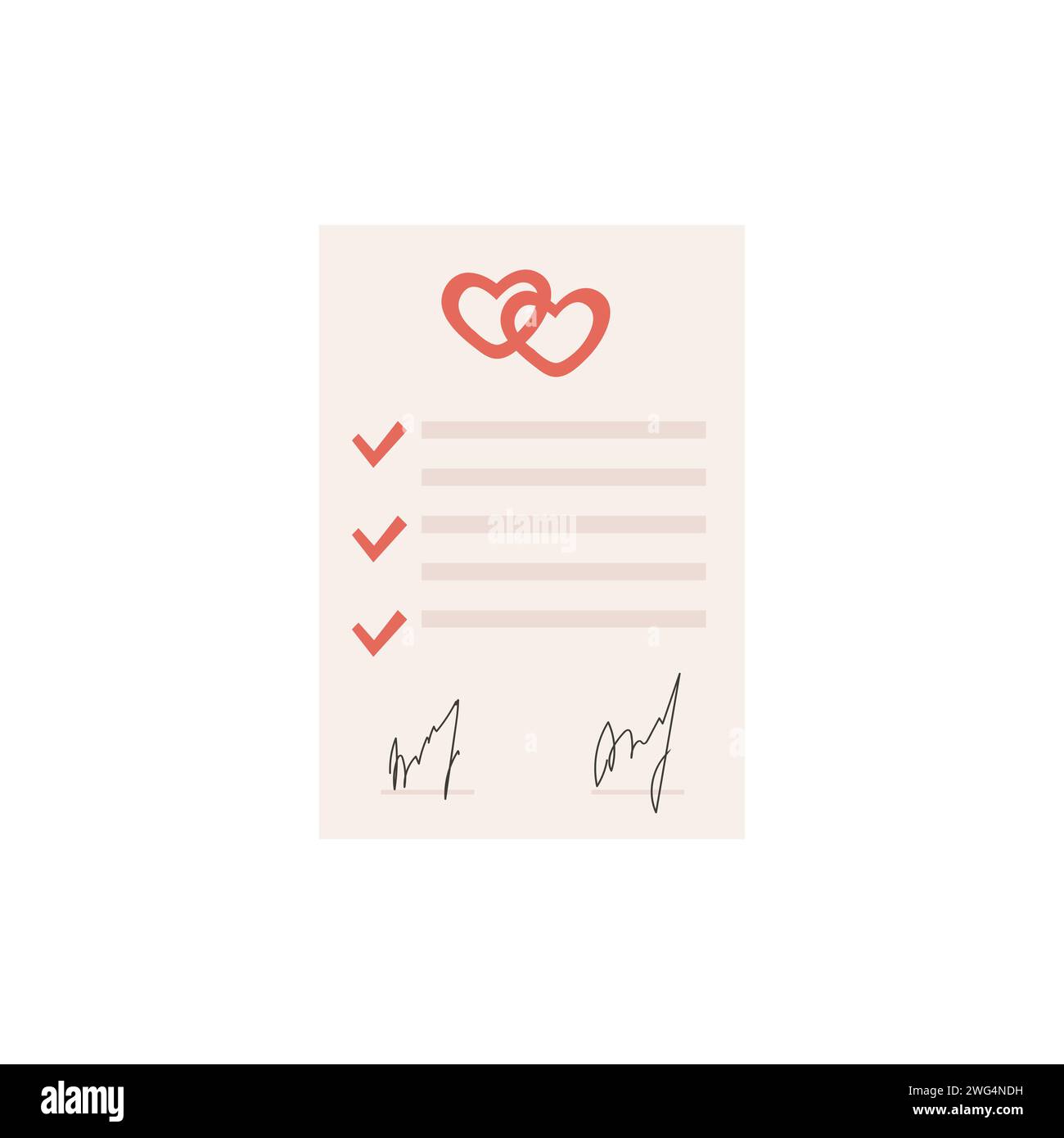 Farbiges Symbol für den Heiratsvertrag. Vorab signiertes Zertifikat. Formular zur Ehevereinbarung mit Häkchen, zwei Herzen und Unterschrift. Scheidung Stock Vektor
