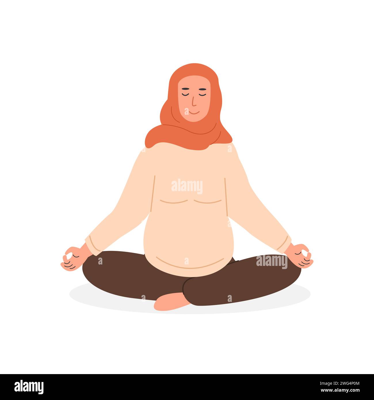 Schwangere muslimische Frau meditiert. Pränatales Yoga. Moderne liberale arabische Mutter im Hijab sitzend mit überkreuzten Beinen Meditation praktizierend. Entspannende Übung d Stock Vektor