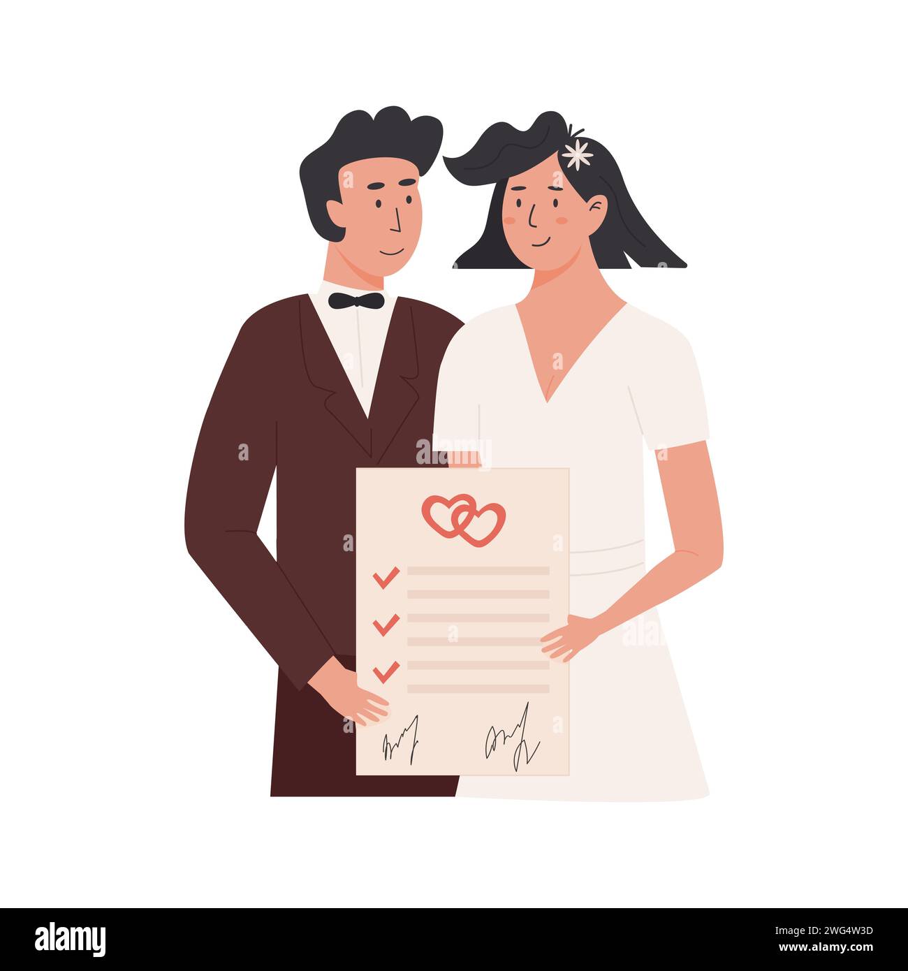 Ein Bräutigam und eine Braut haben einen Ehevertrag unterzeichnet. Glückliches verheiratetes Paar mit Ehevertrag. Frisch vermählt mit Ehevertrag und Heiratsurkunde Stock Vektor
