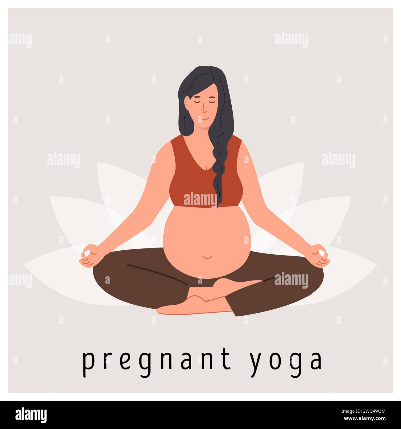 Meditierende schwangere Frau. Quadratisches Banner für pränatales Yoga. Frau sitzt mit überkreuzten Beinen. Entspannende Meditationsübung während der Schwangerschaft. Mutter mit Stock Vektor