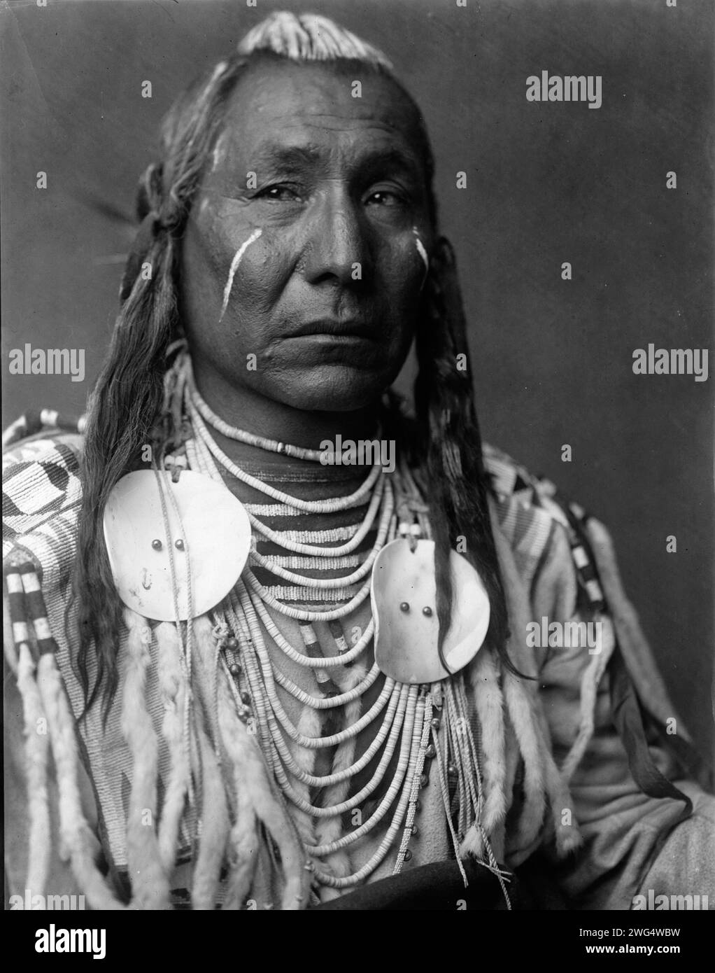 Red Wing-Apsaroke, 1908. Krähen-Indianer, Montana, Kopf-und-Schultern-Porträt, leicht nach rechts gerichtet, weiße Farbstreifen auf Wangen und Haaren, perlenbesetztes Hemd aus Rosinenleder mit Hermelin-Schwänzen oder weißem Kaninchenfell. Stockfoto