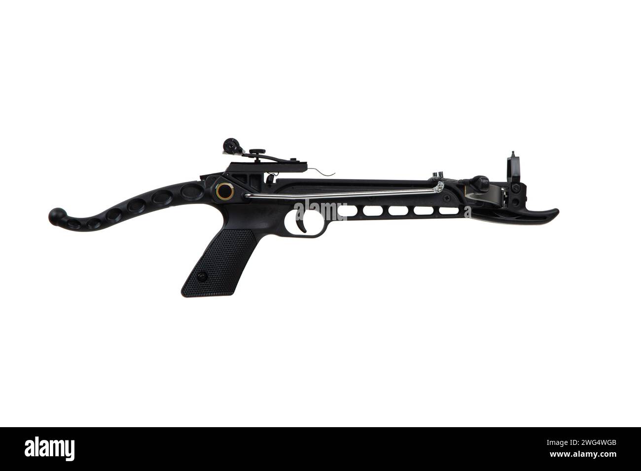 Moderne Armbrust isolieren auf weißem Hintergrund. Leise Waffe für Jagd und Sport. Stockfoto