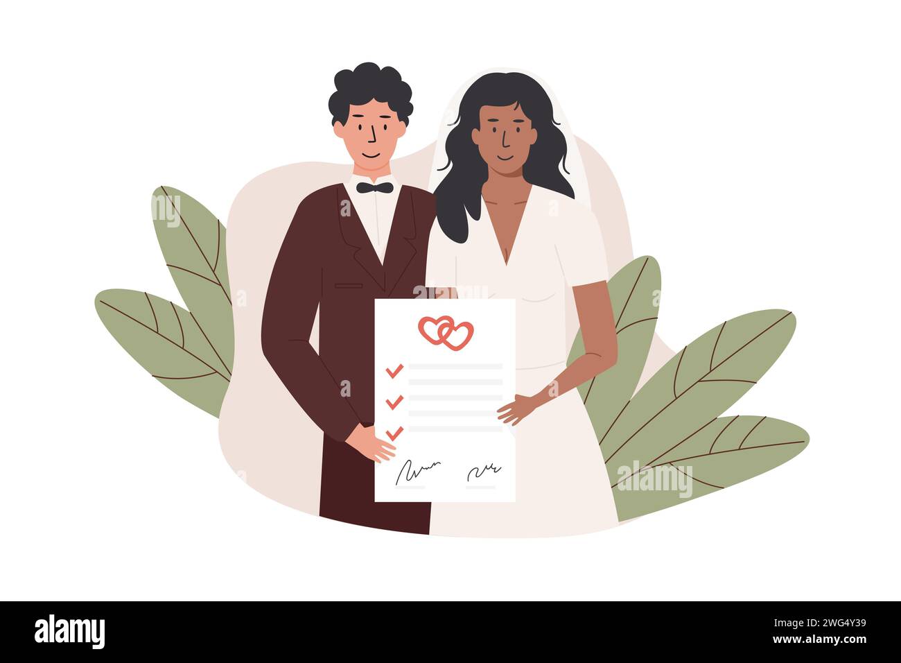 Ein Bräutigam und eine Braut haben einen Ehevertrag unterzeichnet. Interrassisch verheiratetes Paar mit Ehevertrag. Frisch vermählt mit Ehevertrag certi Stock Vektor