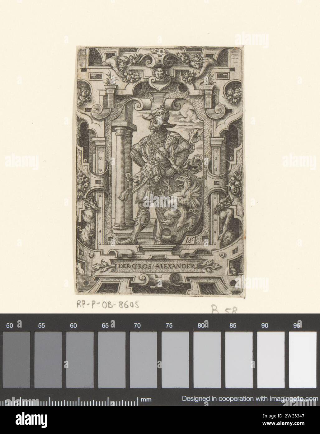 Alexander de Grote mit Wappen in Rolwerk Frijging, Virgilius Solis, 1524 - 1562 Druck auf dem Wappen: GS. Nürnberger Papiergravur / Ätzung Alexander (einer der neun Wertsachen) Stockfoto