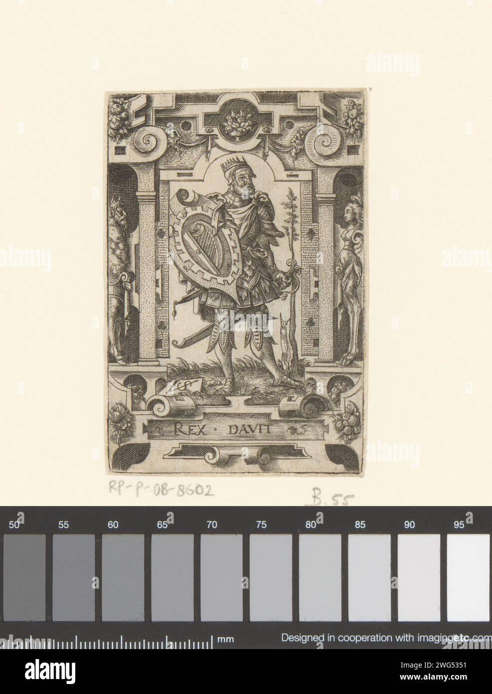 David mit Wappen in Rolwerk Schijsting, Virgilius Solis, 1524 - 1562 Wappenabdruck: WRGP. Nürnberger Papiergravur / Ätzer David (einer der neun Wertsachen) Stockfoto