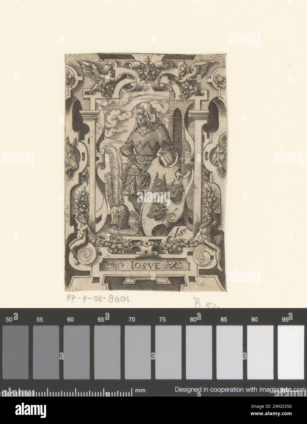 Joshua mit Wappen in Rolwerk-Frontend, Virgilius Solis, 1524 - 1562 Wappendruck: P. Nürnberg Papierätzung / Kupferstich Joshua (einer der neun Werthüter) Stockfoto
