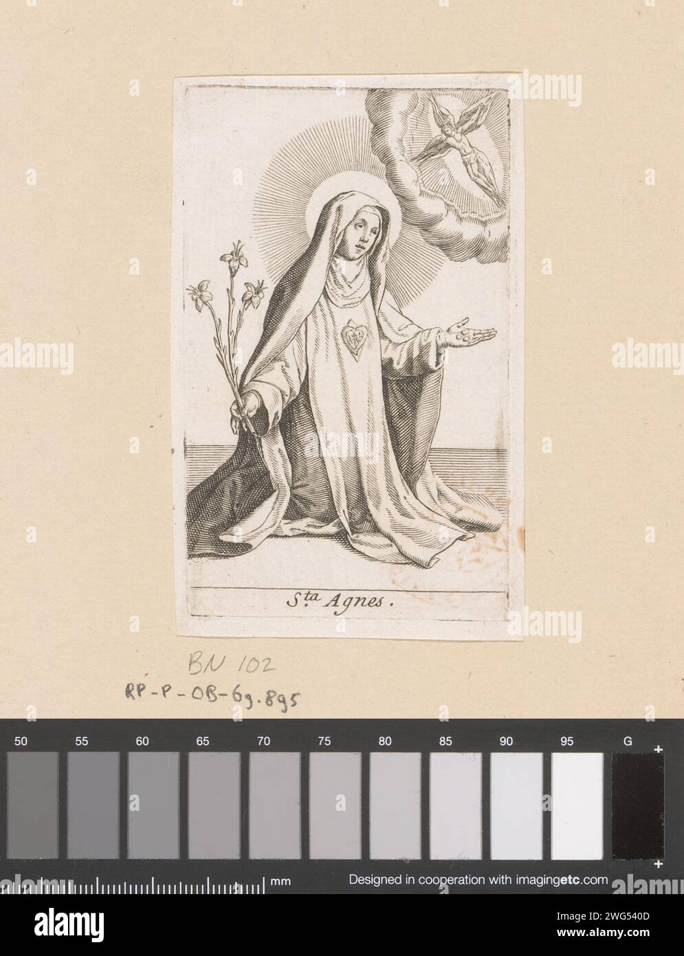 H. Agnes, Claude Between, 1608 - 1688 Druckpapier mit Gravur des jungfräulichen Märtyrers Agnes von Rom; mögliche Attribute: Lamm, Ring Stockfoto