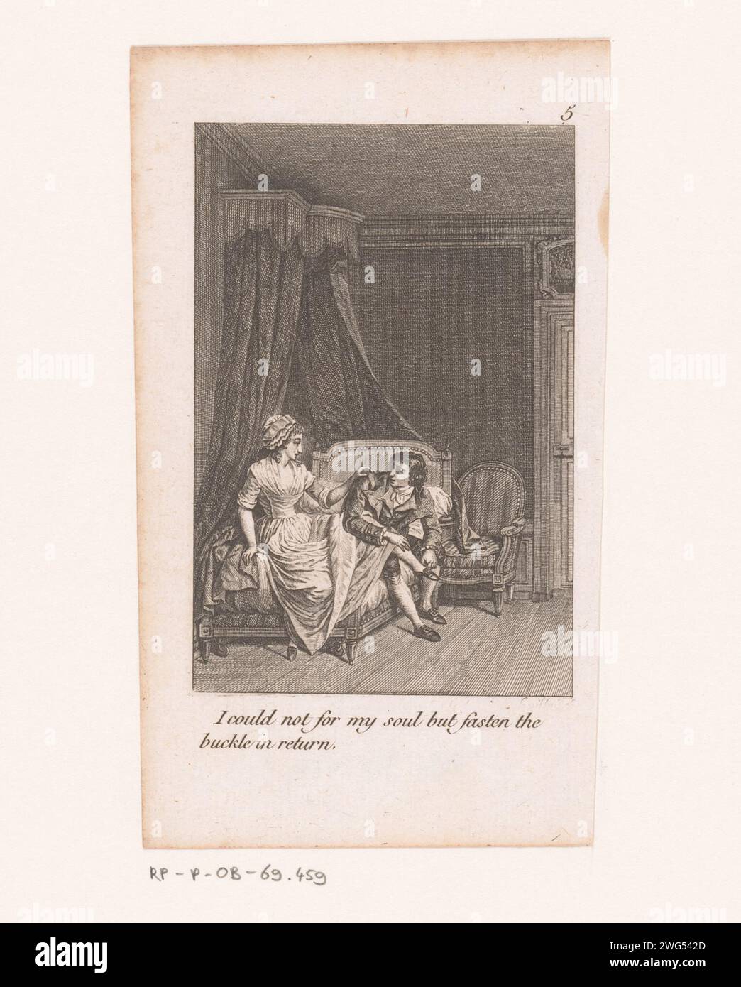 Der Mann macht den Schuhspot einer Frau, die im Bett sitzt, Gérard René le Villain, 1768–1836, nummeriert oben rechts: 5. Papierätzbett. Schnalle. Jemand anderes anziehen Stockfoto