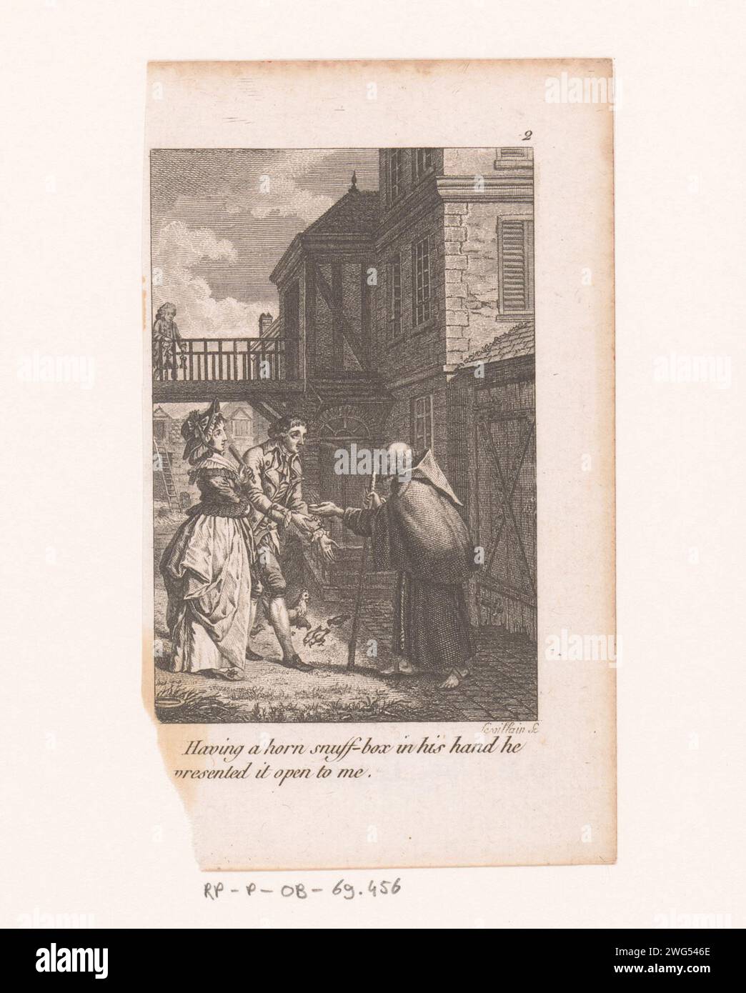 Bedelelonnik bietet einem Gentleman eine Kleinigkeit auf der Straße, Gérard René le Villain, 1768 - 1836 Druck oben rechts: 2. Papierätzmönch(e), Mönch(e). Snuff-Box Stockfoto