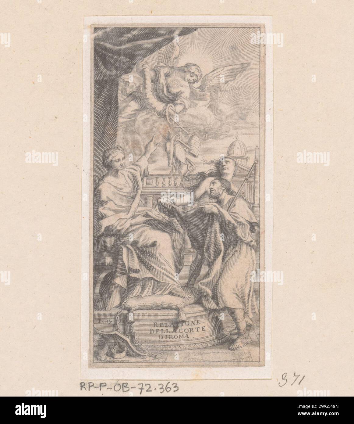 Ecclesia weist auf einen Engel hin, der Bischofsattribute über einen Mann mit Stab gießt, Nicolas de Poilly (I), 1636–1696 Druckpapier mit Gravur der Kirche, „Ecclesia“, meist mit Kelch und Banner. erzbischof, Bischof usw. (Römisch-Katholisch) Stockfoto