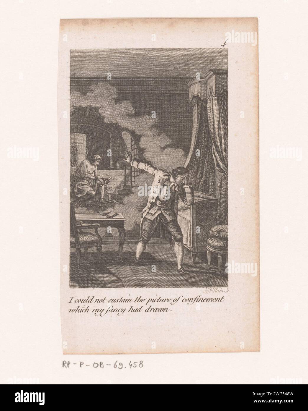 Der Mann wendet sich von einer Vision eines Mannes in Haft ab, Gérard René le Villain, 1768 - 1836 Druck oben rechts: 4. Das Papier-Ätzsehen. Haft Stockfoto