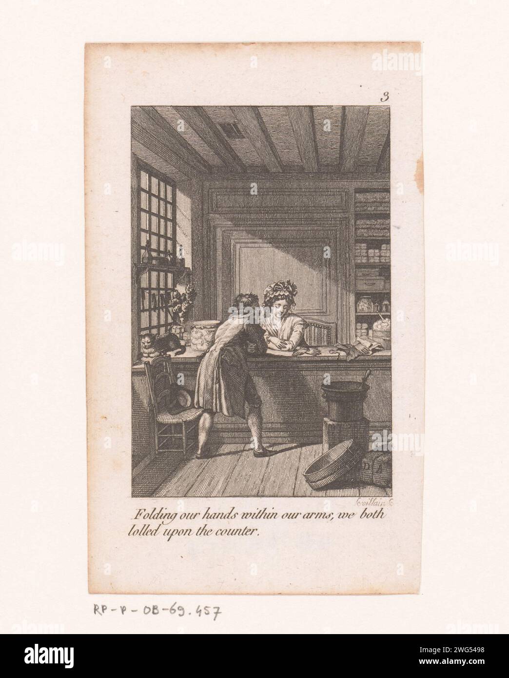 Mann spricht mit Frau, lehnt sich über die Theke in einem Laden, Gérard René le Villain, 1768 - 1836 Abdruck, nummeriert oben rechts: 3. Papierätzzähler  Shop. Handschuhe, Fäustlinge usw. Stockfoto