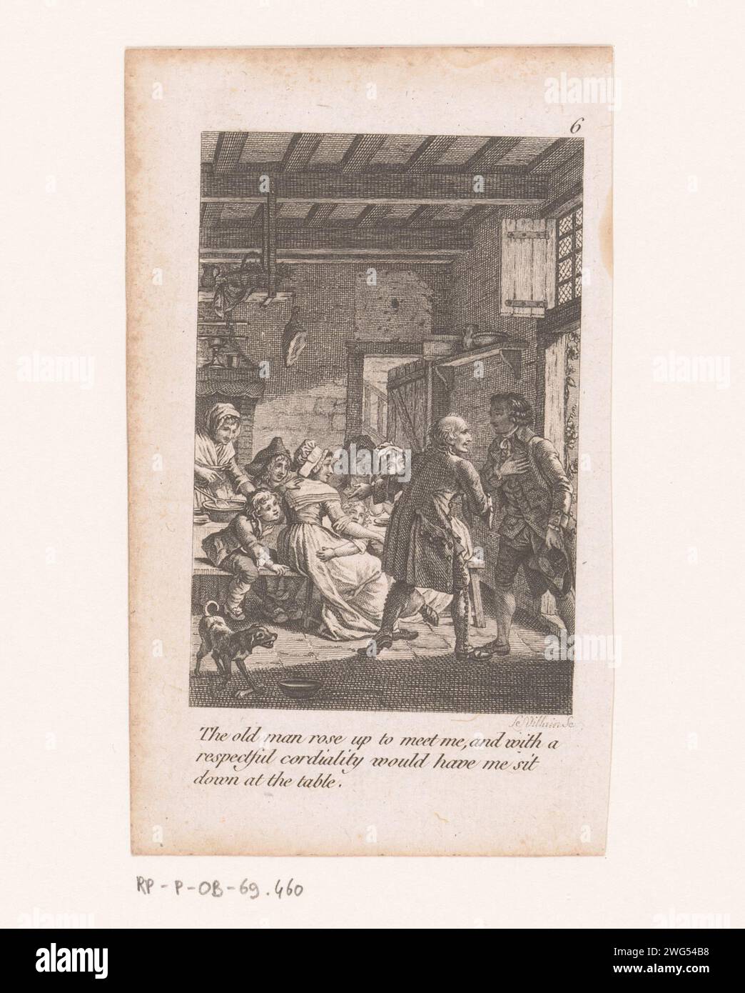 Der alte Mann lädt einen jungen Mann ein, sich an den Tisch zu setzen, Gérard René Le Villain, 1768 - 1836 Druck oben rechts: 6. Papierätzung Abendessen, Abendessen, Abendessen. Empfehlung, Einleitung, Anstiftung Stockfoto