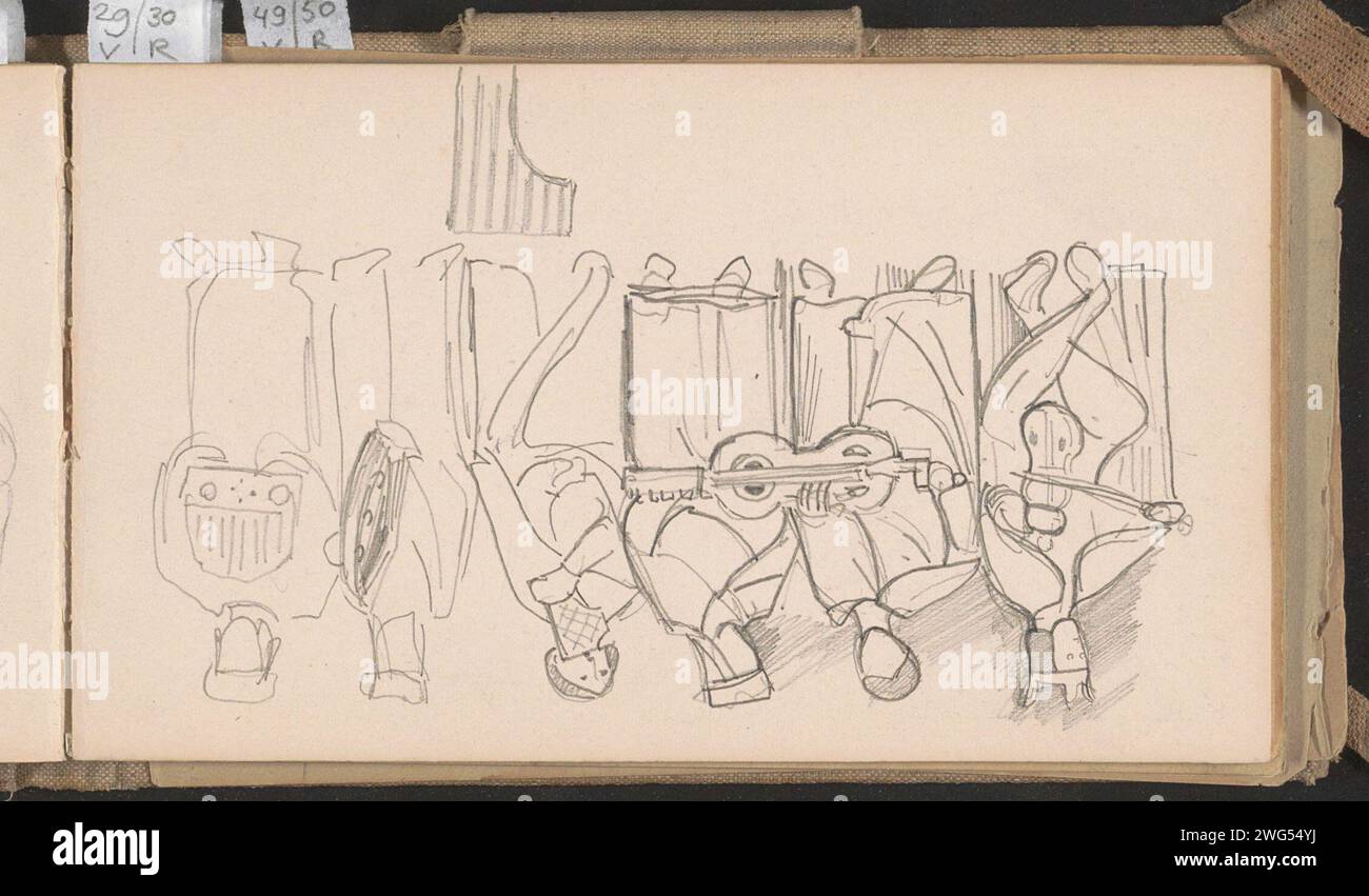 Mittelalterliche Musikaufführung, 1892 - 1901 sechs Figuren, in historischer Tracht gekleidet, werden in einer Reihe aufgestellt und spielen jeweils ein anderes Instrument. Seite 27 Recto aus einem Skizzenbuch mit 51 Blättern. Papier. Bleistift kleine Gruppe von Musikern, Kammerorchester, Jazzband. Historisches Kostüm Stockfoto