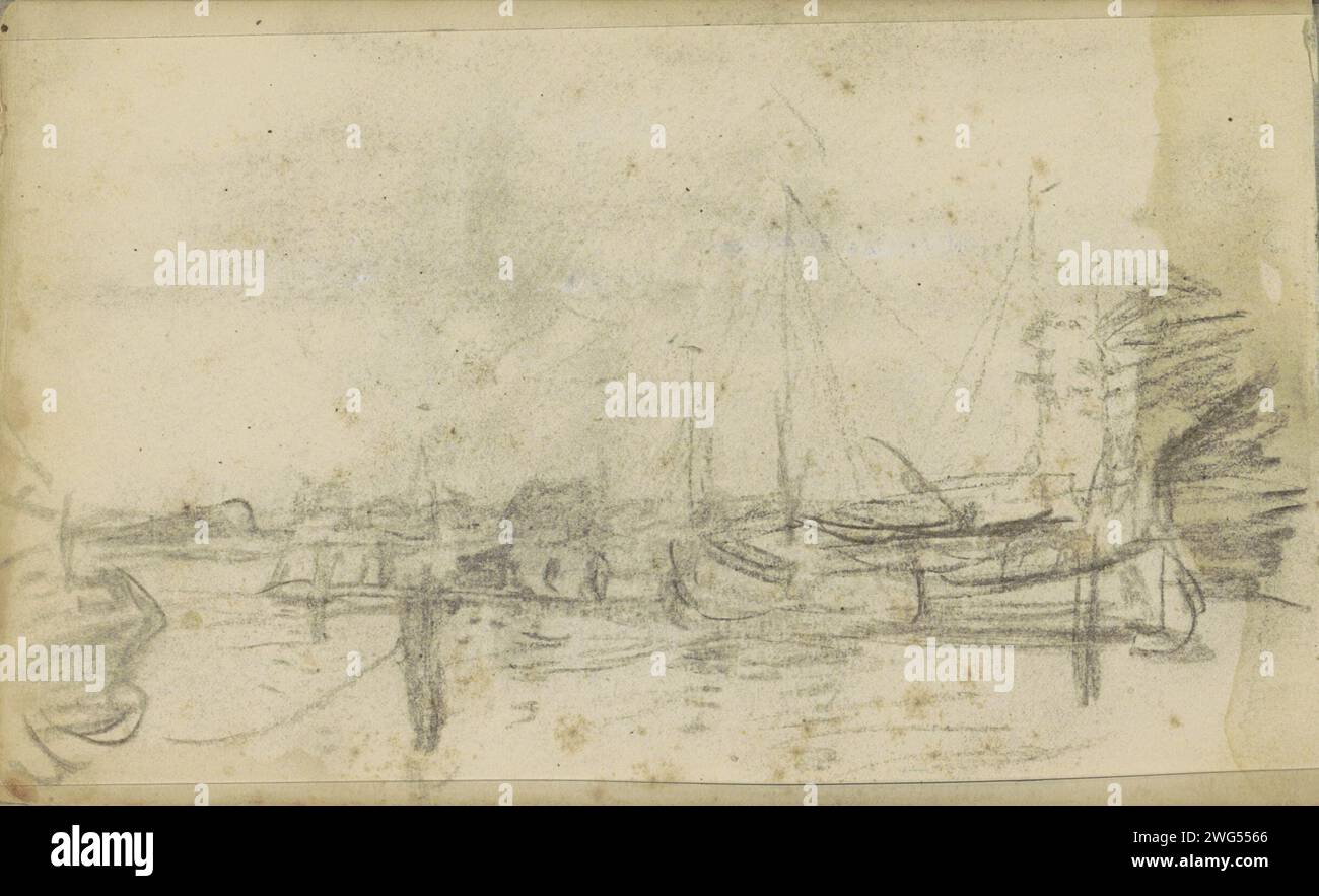 Segelboote an einem Pier, 1834 - 1911 Seite 27 Verso aus einem Skizzenbuch mit 42 Blättern. Papier. Kreide-Segelschiff, Segelboot. pier, Kai, Kai Stockfoto