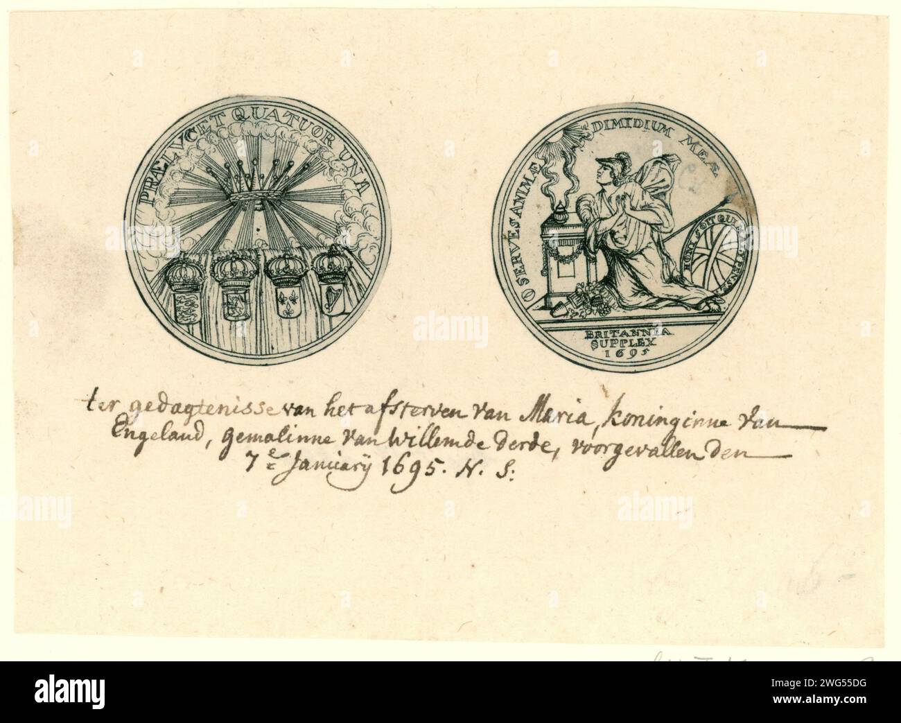 Bild einer Medaille als Reaktion auf den Tod von Maria Stuart II., 1695, Anonym, 1695 Druckdrucke der Seiten einer Medaille als Reaktion auf den Tod von Maria Stuart II., 7. Januar 1695. Ausschneiden und verkleben. Unten von Hand geschrieben: Für den Tod von Maria, Koninginne von England, Gemalinne von Willem de Third, am 7. Januar 1695. H.S. Nördliche Niederlande Papier. Tintenätzung/Stiftmedaille (gilt als Skulptur, unabhängig von ihrer spezifischen Funktion) Stockfoto