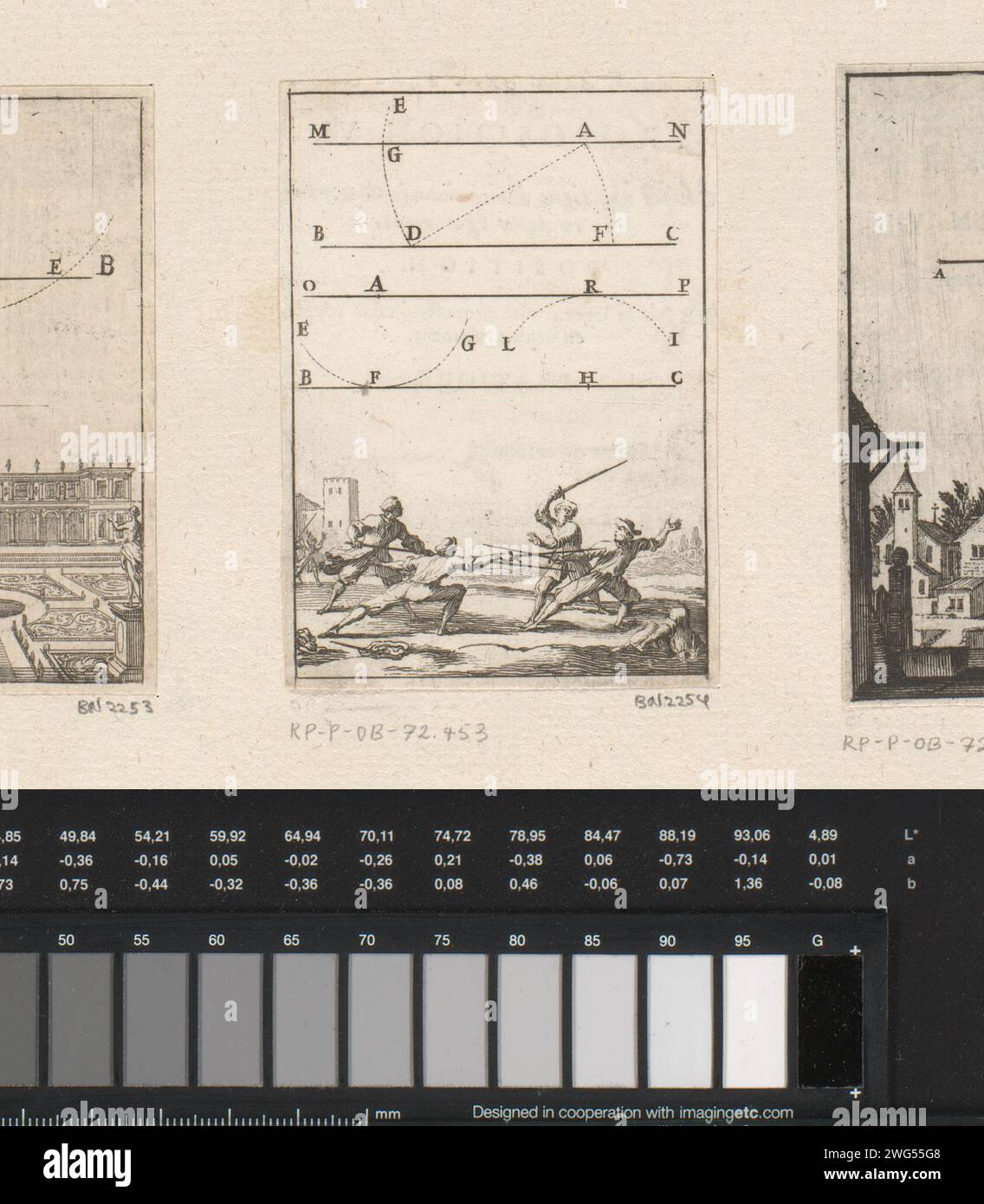 Parallele Linien ziehen durch einen bestimmten Punkt mit Fechten Männern, Sébastien Leclerc (I), 1669 Druckerei: Francepublisher: Paris Papierätzung / Buchdruckplanimetrie, Geometrie. Fechten (Sport) Stockfoto
